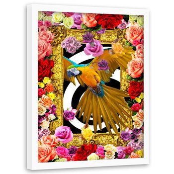 Obraz w ramie białej FEEBY, Papuga,kolorowe kwiaty róże 50x70 - Feeby