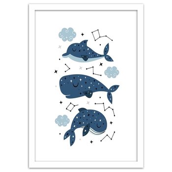Obraz w ramie białej FEEBY, Wesołe Wieloryby Niebieski 20x30 - Feeby