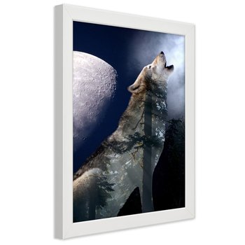 Obraz w ramie białej FEEBY, Wilk Noc Księżyc Natura 30x45 - Feeby