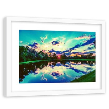Obraz w ramie białej FEEBY, Wschód słońca nad jeziorem 3, 90x60 cm - Feeby