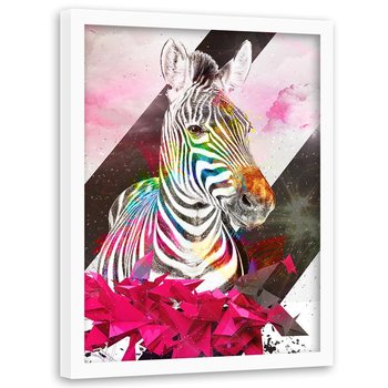Obraz w ramie białej FEEBY, Zebra Abstrakcja Kolorowy 60x80 - Feeby