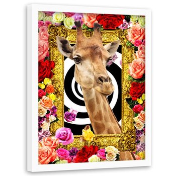Obraz w ramie białej FEEBY, Żyrafa i kolorowe Kwiaty 60x80 - Feeby