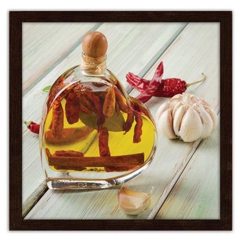 Obraz w ramie brązowej FEEBY Butelka oliwy z oliwek na drewnianym stole, 70x70 cm - Feeby