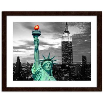 Obraz w ramie brązowej FEEBY, Statua Wolności i New York City, 50x40 cm - Feeby