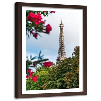 Obraz w ramie brązowej FEEBY, Wieża Eiffla i kwiat, 60x90 cm - Feeby