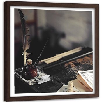 Obraz w ramie brązowej: Kałamarz i pióro, 40x40 cm - Feeby