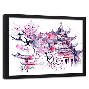 Obraz w ramie czarnej FEEBY, Japoński dom Akwarela lila 90x60 - Feeby
