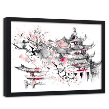 Obraz w ramie czarnej FEEBY, Japoński zamek i kwiat, 90x60 cm - Feeby