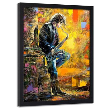Obraz w ramie czarnej FEEBY, Muzyk z saksofonem kolorowy malowany 20x30 - Feeby