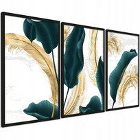 Obraz w ramie nowoczesne do salonu 3 szt 30x40 cm złoto zielone kwiaty liść