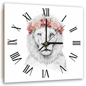 Obraz z zegarem, Biały lew w wianku z różowych kwiatów - Zegar kwadratowy - 40x40 - Feeby