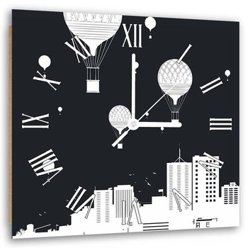 Obraz z zegarem, Czarno białe miasto i lecące balony - Zegar kwadratowy - 60x60 - Feeby