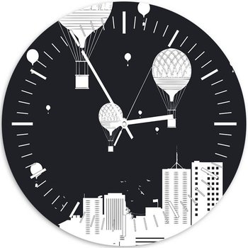 Obraz z zegarem, Czarno białe miasto i lecące balony - Zegar okrągły - 60x60 - Feeby