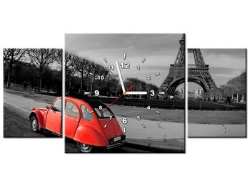 Obraz z zegarem, Czerwone auto przy Wieży Eiffla, 3 elementy, 80x40 cm - Oobrazy