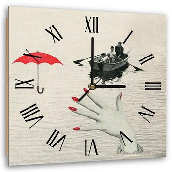 Obraz z zegarem, Kolaż dłoń łódka z ludźmi parasol - 80x80 - Feeby