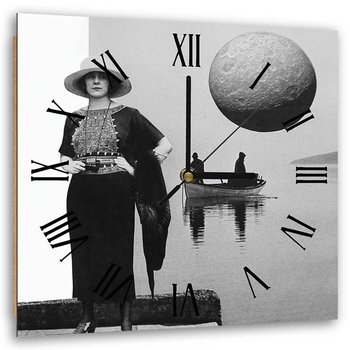 Obraz z zegarem, Kolaż kobieta w kapeluszu mężczyźni na łódce księżyc - 60x60 - Feeby