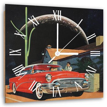 Obraz z zegarem, Kolaż samochód z pasażerami parkingowy księżyc kaktus - 60x60 - Feeby
