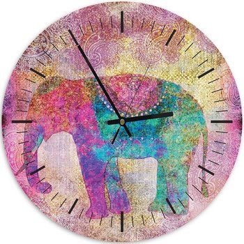 Obraz z zegarem, Kolorowy słoń - Zegar okrągły - 60x60 - Feeby