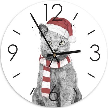 Obraz z zegarem, Kot w czapce Mikołaja i biało-czerownym szaliku - 40x40 - Feeby