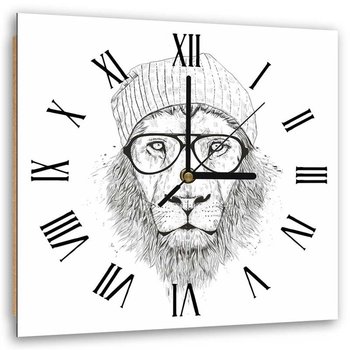 Obraz z zegarem, Lew hipster z czapką i w okularach - Zegar kwadratowy - 60x60 - Feeby