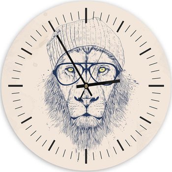 Obraz z zegarem, Lew w czapce i okularach hipster - Zegar okrągły - 60x60 - Feeby