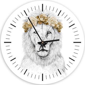 Obraz z zegarem, Lew w wianku z kwiatów - Zegar okrągły - 60x60 - Feeby