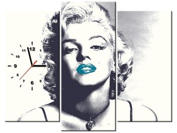 Obraz z zegarem, Marilyn Monroe z turkusowymi ustami, 3 elementy, 90x70 cm - Oobrazy