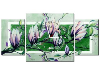Obraz z zegarem, Słodycz magnolii w zieleni, 3 elementy, 80x40 cm - Oobrazy