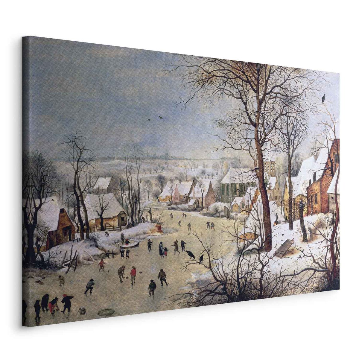 Opis Obrazu Zimowy Pejzaż Z łyżwiarzami I Pułapką Na Ptaki Obraz - Zimowy pejzaż z łyżwiarzami i pułapką na ptaki (Pieter Bruegel