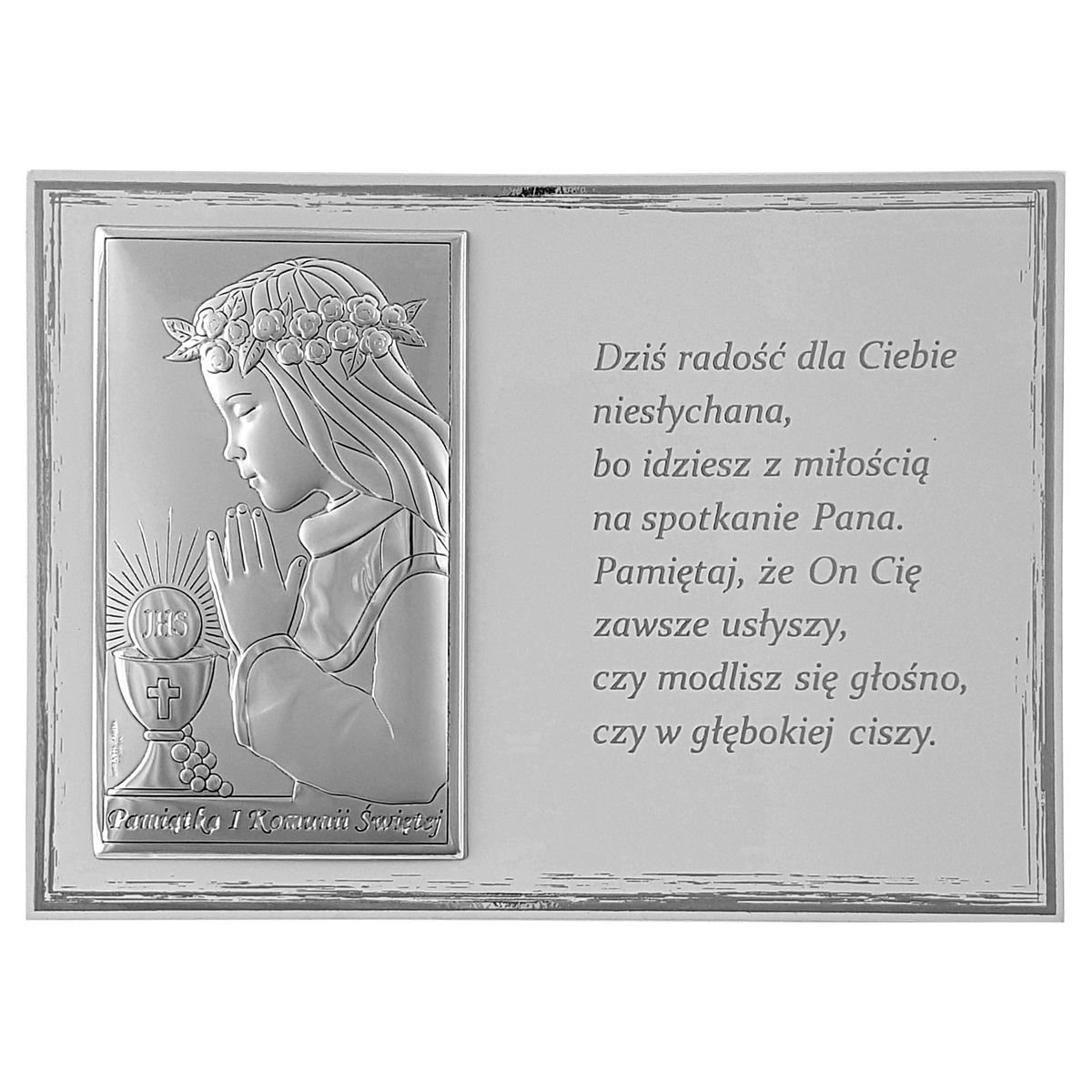 Obrazek na komunię świętą srebrny z grawerem pamiątka pierwszej komunii ...