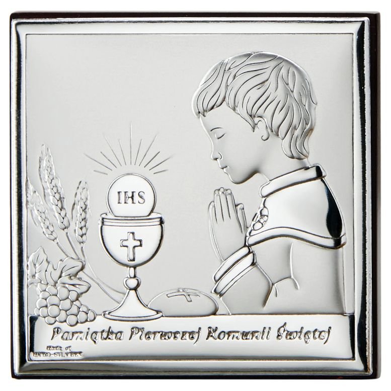 Obrazek na komunię świętą srebrny z grawerem pamiątka pierwszej komunii ...