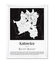 Obrazy plakaty kartograficzne geograficzne na ścianę mapa plan Katowic Katowice biała rama 32x42 cm