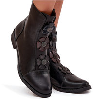 Ocieplane Botki Damskie Na Płaskim Obcasie Z Ozdobnymi Kwiatkami Czarne Pravienne -40