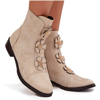 Ocieplane Botki Damskie Na Płaskim Obcasie Z Ozdobnymi Kwiatkami Złote Pravienne -40