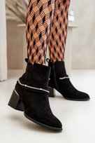 Ocieplane Botki Damskie Na Słupku Z Łańcuszkiem Eko Zamszowe Czarne Hanalen-39