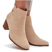 Ocieplane Botki Damskie Na Słupku Ze Złotym Detalem Beżowe Renora-37