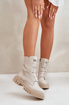 Ocieplane Botki Workery Damskie Na Zamek Eko Skórzane Jasnobeżowe Mailyra-36 - Inna marka