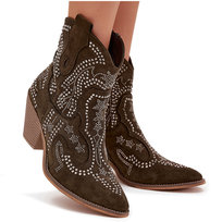 Ocieplane Damskie Botki Kowbojki Ze Zdobieniem Ciemnozielone Lelira-40