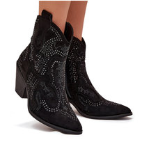 Ocieplane Damskie Botki Kowbojki Ze Zdobieniem Czarne Lelira-36