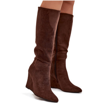 Ocieplane Kozaki Damskie Na Koturnie Czekoladowe Rosina -41 - Butosklep