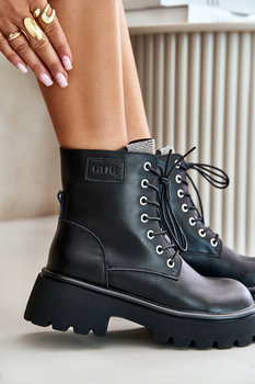 Ocieplane Skórzane Botki Workery Damskie Z Cyrkoniami Goe Oo2N4125 Czarne-38 - GOE