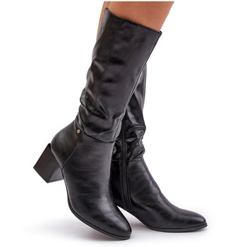 Ocieplnae Kozaki Na Słupku Eko Skórzane Do Połowy Łydki Czarne Ellithira-38 - Butosklep