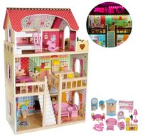 OGROMNY DOMEK DLA LALEK Drewniany z LEDami  i Mebelkami 3 Piętra 90 cm