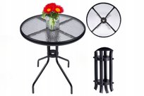 Okrągły szklany stolik balkonowy i ogrodowy metalowa czarna konstrukcja