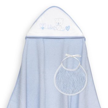 Okrycie kąpielowe 100x100 Corazones niebieski ręcznik z kapturkiem + śliniaczek - Interbaby