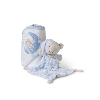 Okrycie kąpielowe 100x100 Miś biały niebieski ręcznik z kapturkiem + przytulanka - Interbaby