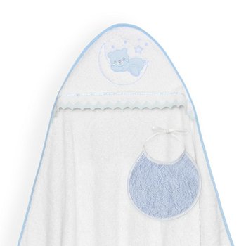 Okrycie kąpielowe 100x100 Miś na księżycu biały niebiski ręcznik z kapturkiem + śliniaczek - Interbaby
