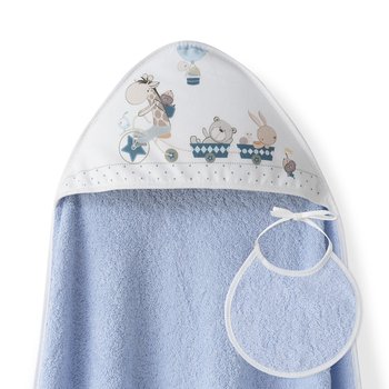 Okrycie kąpielowe 100x100 Żyrafa niebieski ręcznik z kapturkiem + śliniaczek bawełniany frotte - Interbaby