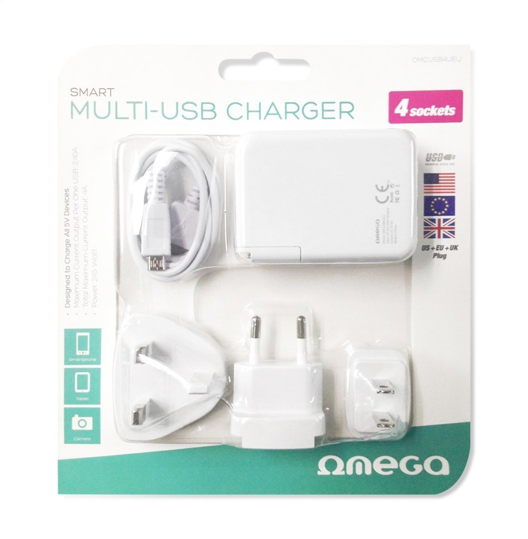 Фото - Зарядний пристрій Omega CHARGER 4-PORT USB 4A WHITE US + EU + UK plug  [42674]