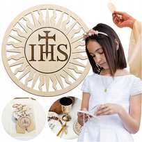 Opłatek Komunia Hostia IHS drewniana DUŻA 35cm Hostia na wieniec dożynkowy